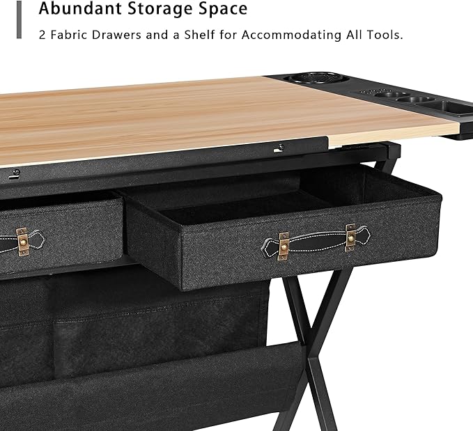 VECELO Drafting Table Art Desk Art Table Adjustable Drawing Table Tilted Tabletop with 2 Storage Drawers and Stool, Drawing Desk for Artist Painters Drawing, Crafting, Reading, Writing, Natural