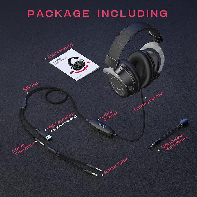 FIFINE RGB Gaming Headsets,Comfortable Over-Ear Headphones with Microphone,Wired Audio Jack Connection,Leather Passive-Noise-Cancelling Earcups,for PC PS4 PS5 Xbox Gamer Ampligame H3