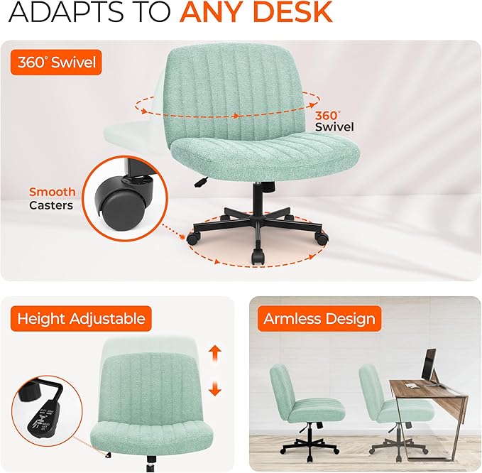 Orange Factory Criss Cross Chair Wheels Wide Cross Legged Office Desk Vanity Chair Comfy Fabric Armless Adjustable Swivel for Home Computer Task (Mint Wheel, Fabric)