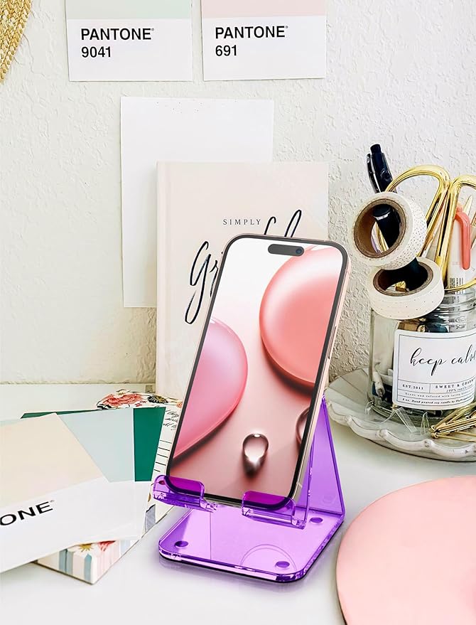 TOPGO Acrylic Cell Phone Stand, Clear phone Holder for Office Desk, Vanity, Kitchen Counter, Bedside Table, Compatible with iPhone 17 16 15 14 13 12 Pro Max Plus/Smartphones/iPad/Switc(Crystal Purple)
