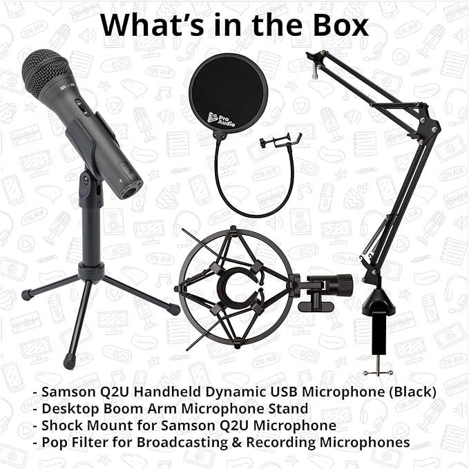SAMSON Q2U Handheld Dynamic XLR/USB Microphone Bundle with Desktop Boom Arm Stand, Shock Mount, and Pop Filter (4 Items)
