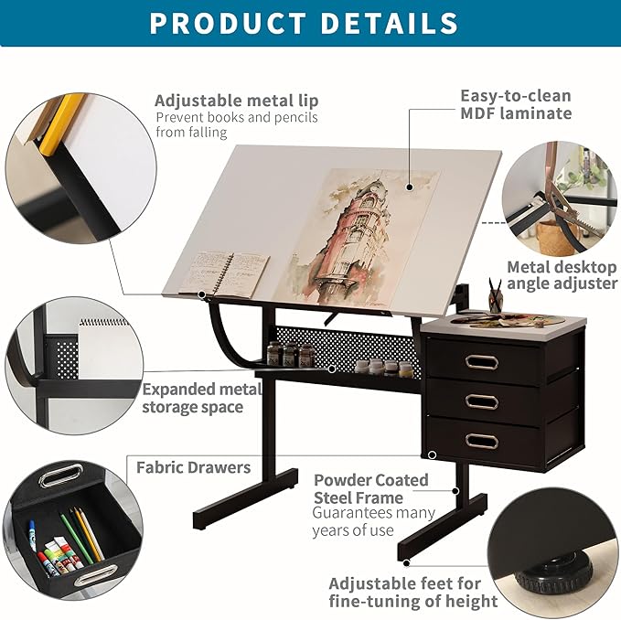 Drafting Table Art Table Adjustable Drawing Table Tilted Tabletop, Craft Table, with Storage Drawers and Stool, Crafting Desk with Storage for Painting Diamond Reading Writing Study (White A)