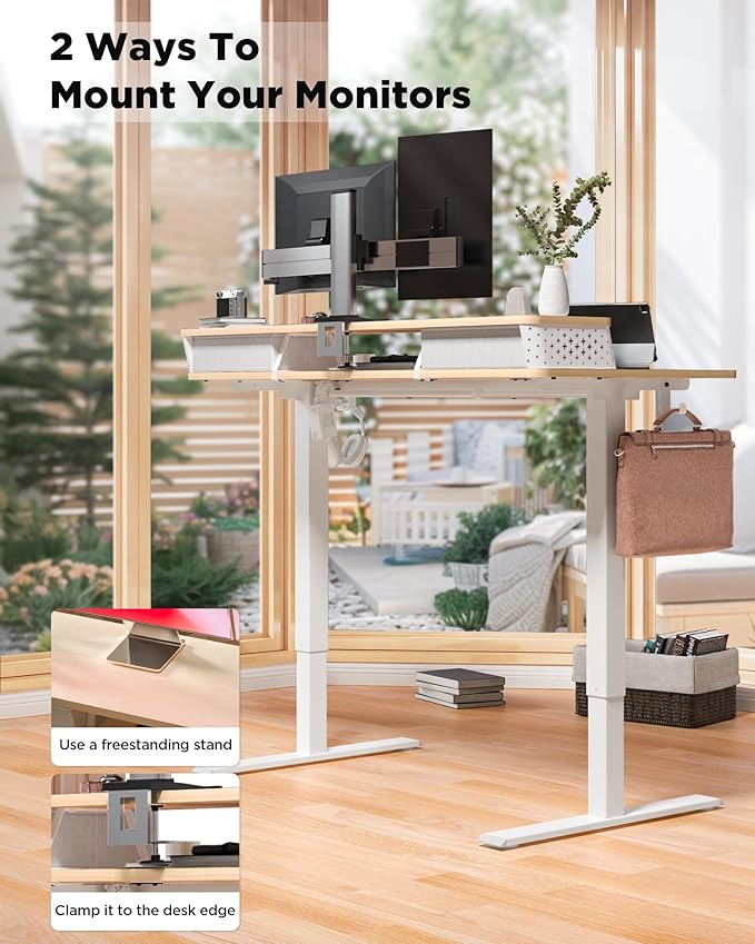 FiCiHi 48x24 Inch Standing Desk with Drawers, C-Clamp Mount Compatible, Electric Adjustable Height Computer Stand Up Desks, Home Office Sit Stand Table with 3 Preset Heights, Maple
