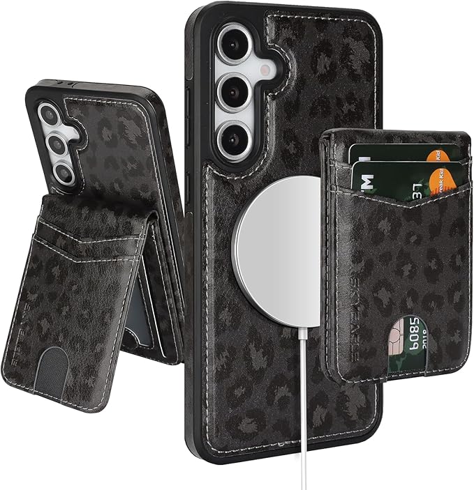 SkyEagle Compatible with Magsafe 2 in 1 Detachable Samsung Galaxy S25 Plus Wallet Case with Card Holder,Women Men Magnetic PU Leather RFID Blocking Flip Folio Kickstand Credit Slots,Leopard-Black