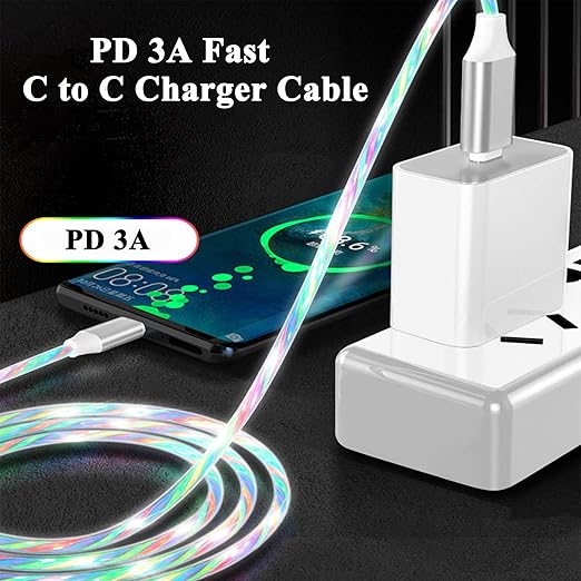 USB C to USB C Cable 3A Light Up C to C Cable LED C to Type C Fast Charging Cord for Samsung Galaxy S23 S22 S21 S20 Ultra, i-Phone 15 Pro Max Plus, iPad mini Pro Air(3.3FT,Colorful)