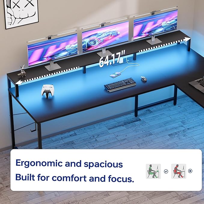 Pamray 64 Inch L Shaped Gaming Desk with Power Outlets and Led Lights, Large Corner Computer Desk with Monitor Stand and Pegboard, PC Table for Home Office and Bedroom Red