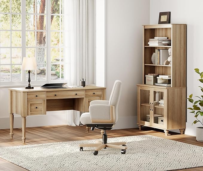WAMPAT Home Office Furniture Set, 56'' Executive Desk with Charging Station, 72" Tall Bookcase with 2 Glass Doors, Wood Computer Desk with File Cabinet Storage, Open Shelf, Oak