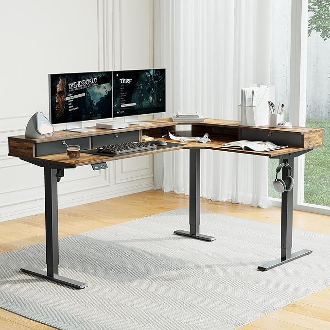 CubiCubi L Shaped Standing Desk with Drawers 63 x 48 Inch Adjustable Height, Electric Corner Desk with Storage, Sit Stand Home Office Desk with Splice Board, Rustic Brown