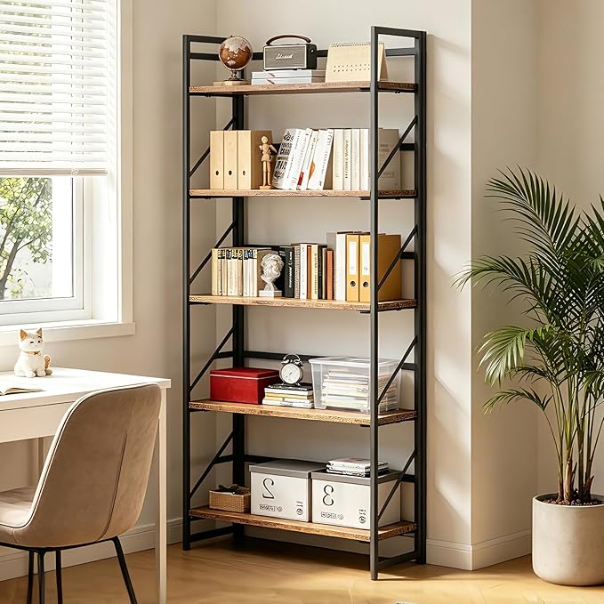 JSB No Assembly Folding Bookshelf, 5 Tier Industrial Metal Book Shelf for Storage, Vintage Wood Foldable Bookcase for Living Room, Bedroom, Office Organization Shelves