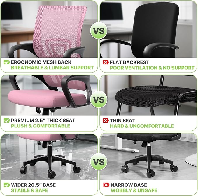 Magshion Office Chair, Ergonomic Mid-Back Mesh Desk Chair, Rolling Computer Chair with Lumbar Support & Comfy Armrests for for Gaming, Work, Study, 300 Lbs Capacity, Pink