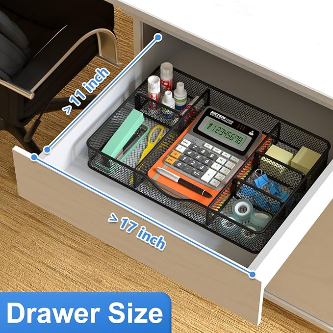 VyGrow Desk Drawer Organizer, Metal Mesh Drawer Organizer Tray with 6 Adjustable Compartment, Tray Organizer for Desktop, Kitchen, Bathroom, Makeup, Vanity - 14.5x8.8x1.96 inch, Black, 1PC Large