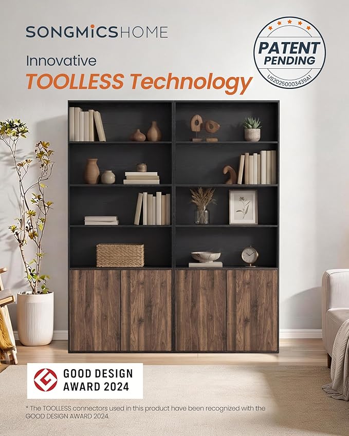 SONGMICS Home Book Shelf, Superfast Toolless Assembly, 6-Tier Floor Standing Bookcase with Doors and Adjustable Shelves, 70.4 Inches Tall for Bedroom Study Living Room, Ebony Black and Natural Walnut