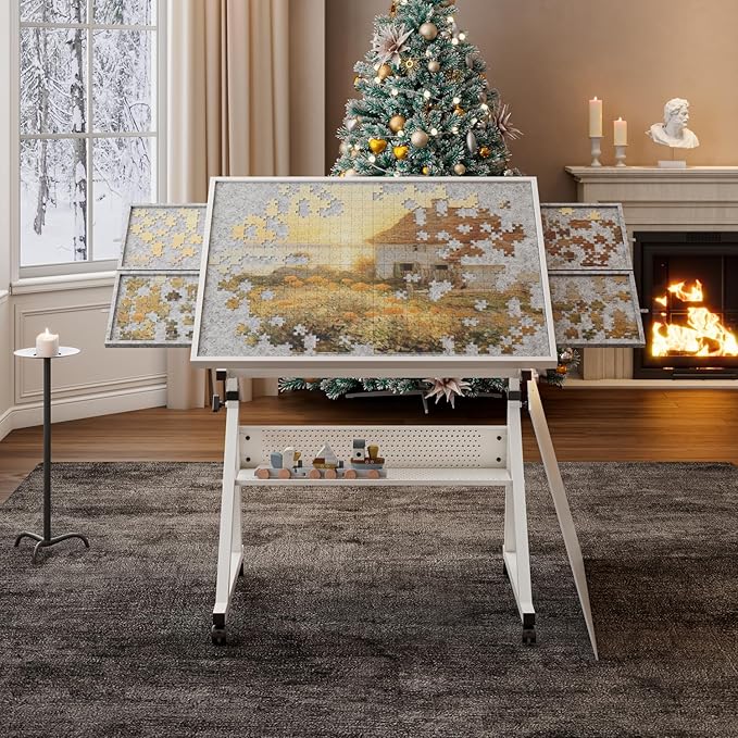Drafting Table Art Table on Wheels with Storage & 4 Side Trays - Adjustable Drawing Table Tilted Tabletop, Crafting Desk with Storage for Artist Painters Home Office (White C)