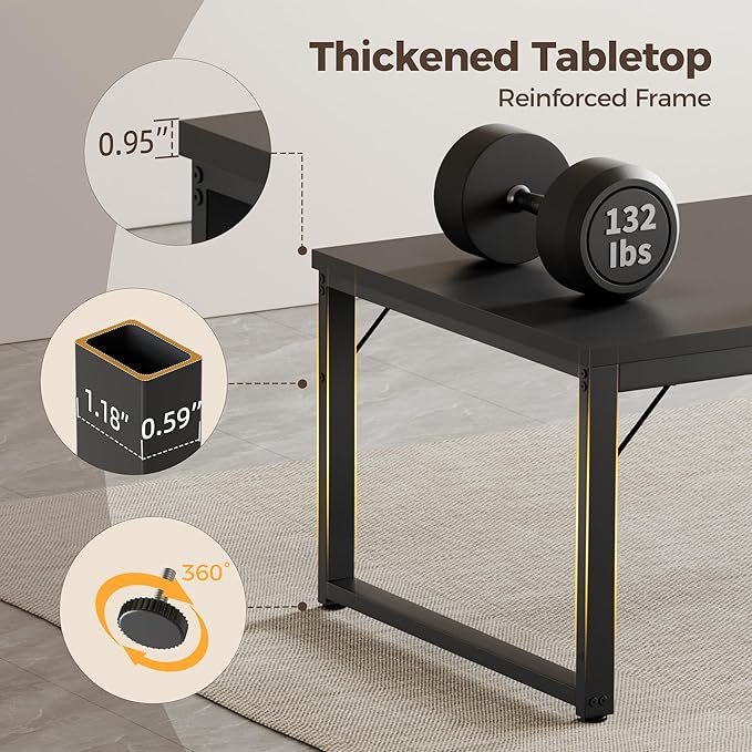 Mericonia 48 Inch Computer Desk, 1" Thick Heavy Duty Industrial Office Desk, Modern Simple Study Writing Table for Home Office Bedroom Workstation, Black