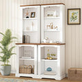 ON-Trend Two-Piece Elegant Freestanding Tall Cabinet with Fully Open Storage, Walnut Element Bookshelves with Curved Design, Stylish Display Bookcase with Anti-Tip Device for Living Room, White Refi