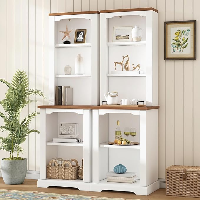 ON-Trend Two-Piece Elegant Freestanding Tall Cabinet with Fully Open Storage, Walnut Element Bookshelves with Curved Design, Stylish Display Bookcase with Anti-Tip Device for Living Room, White Refi