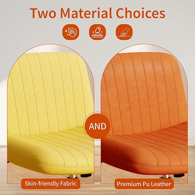 Meilocar Criss Cross Chair with Wheels, Cross Legged Office Chair, Armless Office Chairs Adjustable Height Swivel Tilting Fabric Vanity Chairs for Home Bedroom (Yellow)