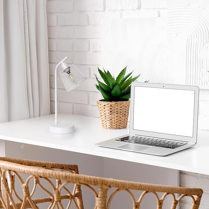 Simple Designs LD1080-WHT 16" Sleek Essentials Modern Industrial Metal Desk Lamp with Clear Glass Shade, for Office, Desk, Nightstand, Dorm, White