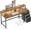 Mericonia Computer Desk 55 inch with Power Outlets & LED Lights, Gaming Desk with 3 Drawers for Home Office, Small Desk with Monitor Stand for Small Spaces, Study Writing Desk