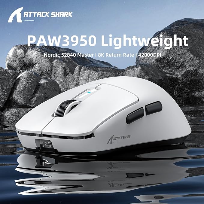ATTACK SHARK R6 Wireless Gaming Mouse,38G Ultra-Lightweight Trip-Mode 2.4G/USB-C/Bluetooth Mouse Gaming with PAW3950MAX Sensor,42000 DPI,50G Accelerated Speed for PC/Laptop/Mac PC/Laptop/Mac -White