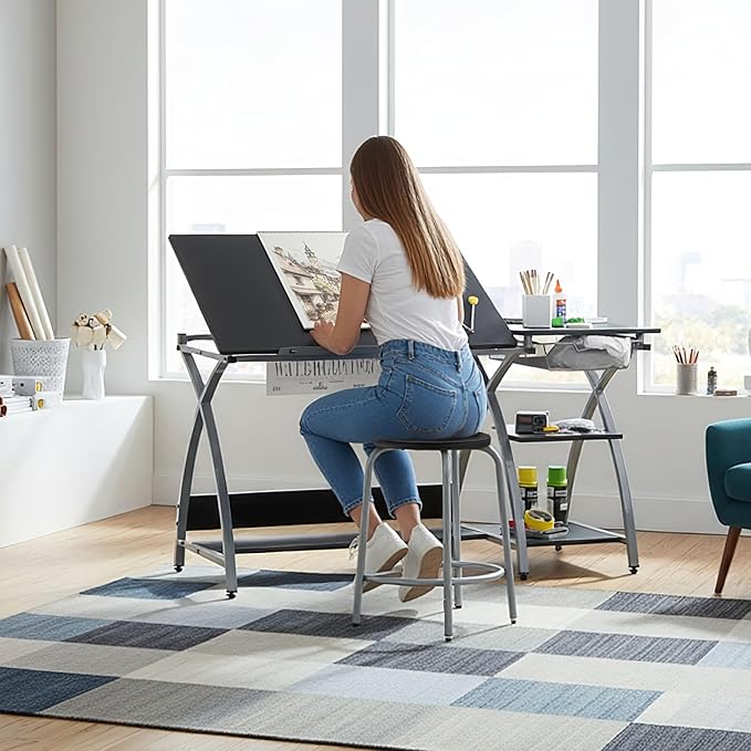 Deluxe Comet Craft Station with Stool, Adjustable Drafting & Art Desk with Storage Shelves, Pencil Ledge, Wire Mesh Drawer, 45° Tilting Top, Steel Frame, Silver/Black