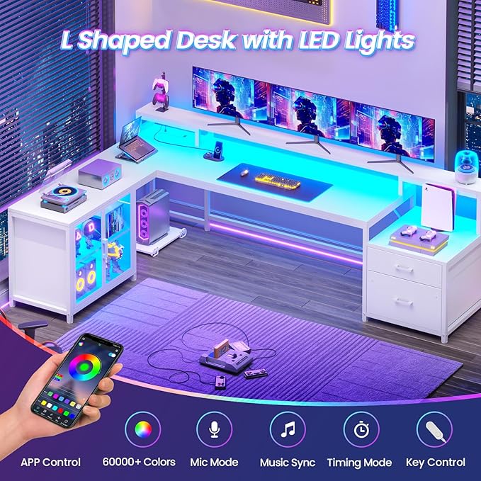 SEDETA 78.7” Large Gaming Computer Desk with Storage Drawers, Reversible L Shaped Office Desk with Display Cabinet and Power Outlet, Corner Gaming Desk with LED Lights for Home Office, White