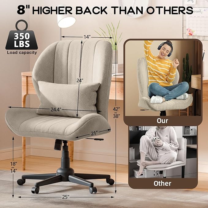 ZZW Criss Cross Chair with Wheels, Wide Cross Legged Office Chair Armless Comfy Desk Chair with Tall Back Vanity Chairs with Stress Relief Curved Design Seat for Bedroom & Office & Home Oatmeal