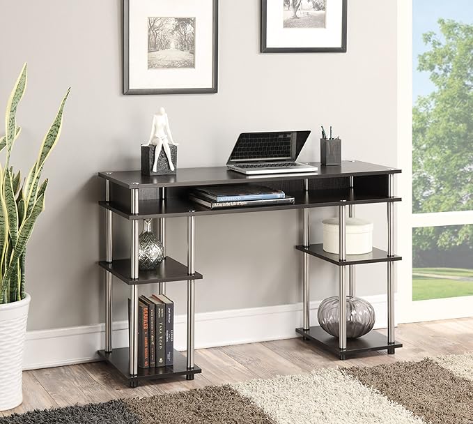 Convenience Concepts Designs2Go No Tools Desk Home Office Desk with Shelves, Corner Shelf Vanity Desk Computer Desk Nail Table for Nail Tech - 47.25" L x 15.75" W x 30" H, Espresso