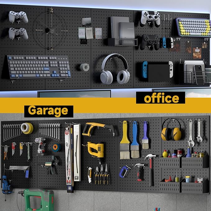 Metal Pegboard,4 Pack Metal Pegboard Panels With 8 Hooks,Black Pegboard Wall Organizer,16"x12" Steel Peg Boards for Walls,Tools,Garage,Office