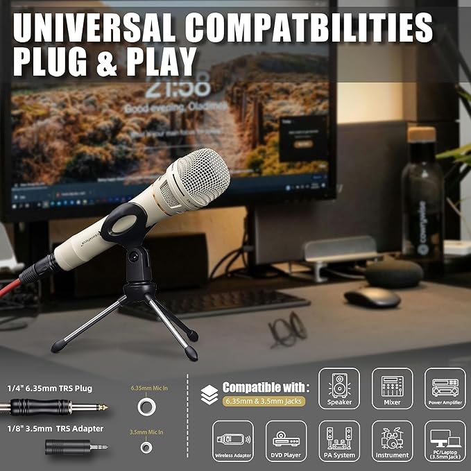 Dynamic Microphone - Professional Vocal Microphone for Singing - Handheld Wired Mic with 16ft XLR to 1/4" Audio Cable - Mic for Speech, Studio & Live Performance
