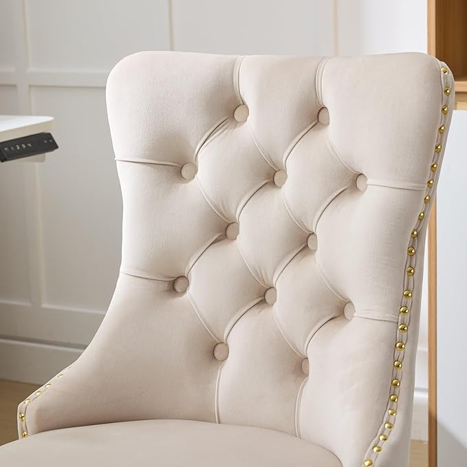 Goujxcy Desk Chair, Modern Velvet Upholstered Tufted Button Home Office Chair, 360° Swivel Armless Desk Chairs, 120°Rocking Ergonomic Computer Task Vanity Chairs, Beige & Gold