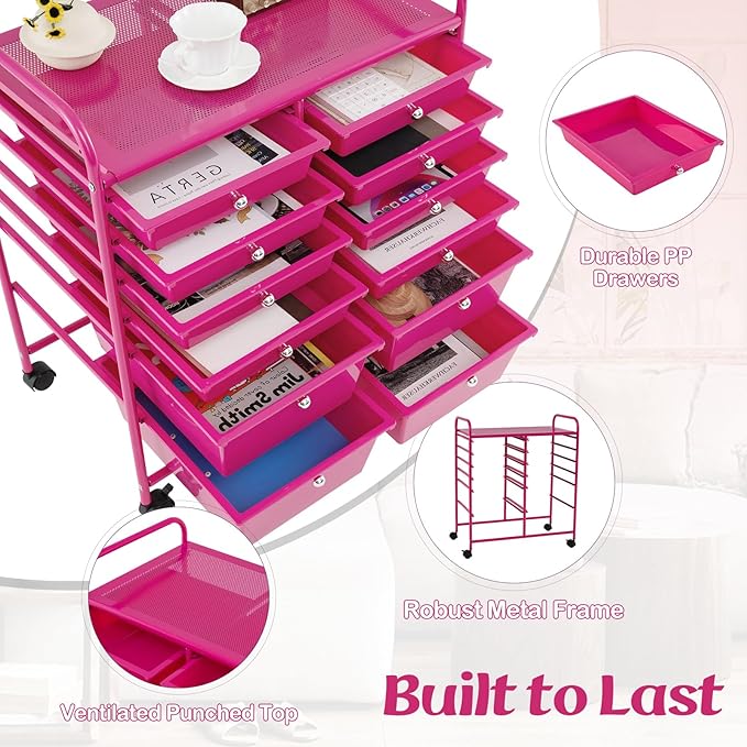 Moccha 12-Drawer Rolling Storage Cart - Utility Cart on Wheels with Lockable Casters for Craft Art Supply Paper Salon, Mobile Drawer Carts for Classroom Teacher School Office (Hot Pink)