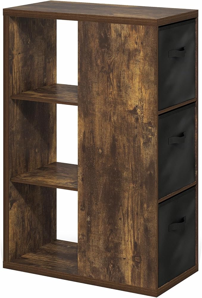 Furinno Viola Book Shelf, 3-Tier Bookshelf, Cube Storage Organizer Bookcase with Open Shelf, with Storage Bins, 13.6 x 29.3 x 43.8, for Living Room, Bedroom, Home Office, Amber Pine/Black