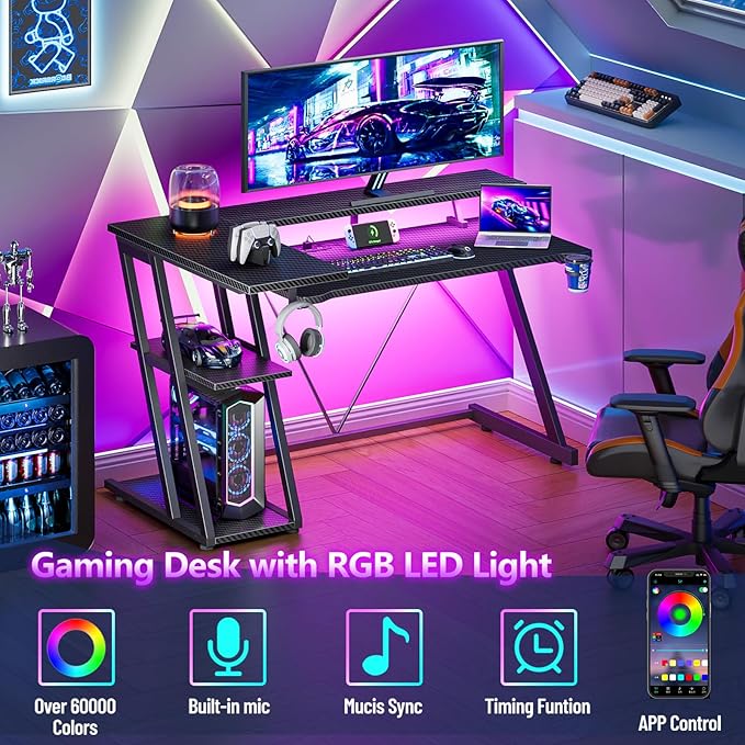 Korfile 40 Inch Gaming Desk with Power Outlet & LED Lights, L Shaped Computer Gaming Table with 3 Tiers Storage Shelves, Corner Gamer Desk with Monitor Stand for Small Space, Carbon Fiber Black