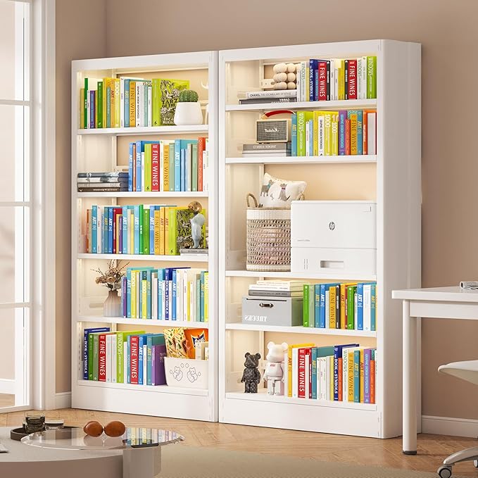 71" Metal Bookshelf,5 Tier White Bookshelf with Adjustable Shelves,Heavy Duty Bookshelves and Bookcases,Tall Bookcase for Living Room,Library,Office,Including Book Stopper (White, 37.4" Wide)