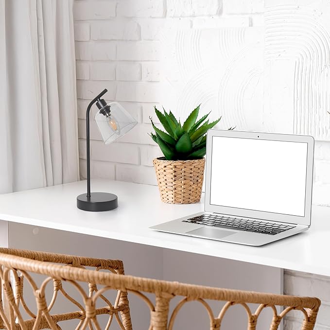 Simple Designs LD1080-BLK 16" Sleek Essentials Modern Industrial Metal Desk Lamp with Clear Glass Shade, for Office, Desk, Nightstand, Dorm Black