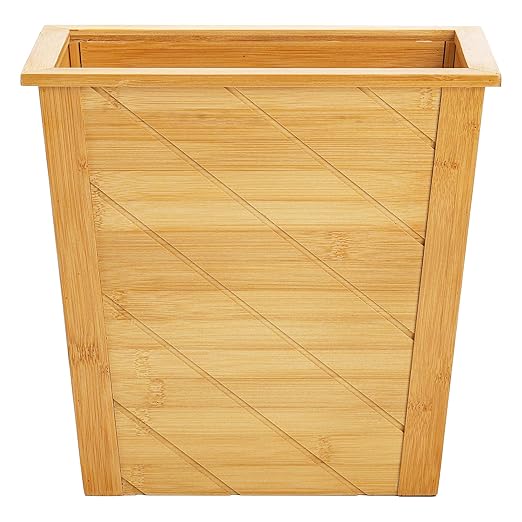 Frcctre Bamboo Waste Basket, Rectangular Compact Waste Trash Can Garbage Bin Built-in Handles Brown Container Bin for Bedroom, Office, Living Room, Kitchen, Bathroom