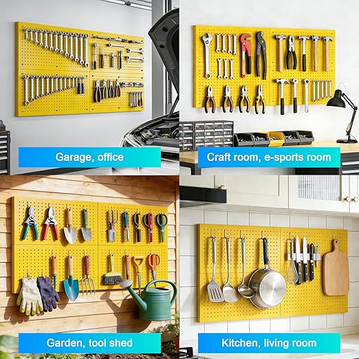 Heavy-Duty Metal Pegboard Panels 4 Pack - 24x12 Inch Reinforced Steel Wall Storage, Scratch & Rust Resistant Tool Organizer for Garage, Shed & Utility Room, Yellow
