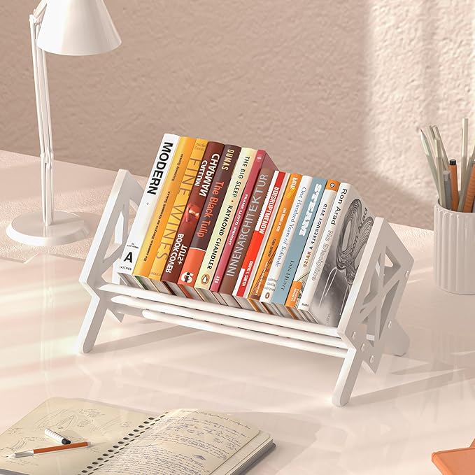 Desktop Bookshelf Organizer, Wood Office Tabletop Book Storage Rack, Tilting Bookcase for Books/CDs/Magazine Display (Pure White)