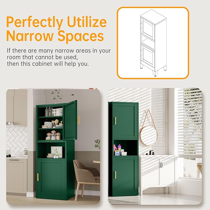 Ckzbx Tall Narrow Storage Cabinet 66.93" H Tall Bathroom Cabinet Metal Pantry Cabinets, 4 Adjustable Shelves for Kitchen, Home Office, Living Room, Dinning Room (20 inches Wide Green)