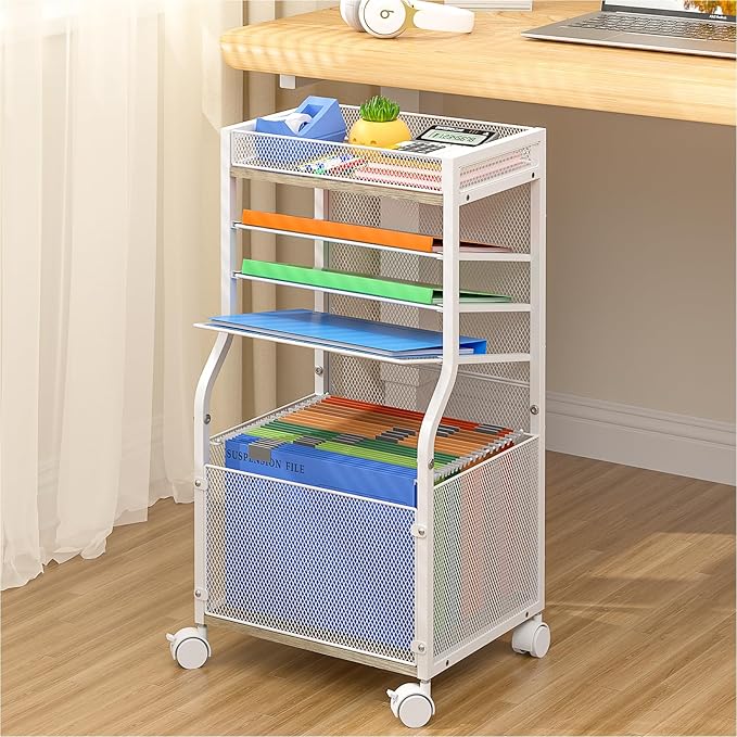 5-Tier Rolling File Cart with Lockable Wheels, Mobile Desk File Organizer Hanging File Folders Paper Letter Sliding Trays, White Wood & Mesh Hanging Folder Drawer Organization for Office, Home, School