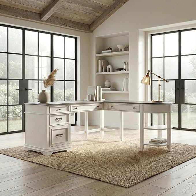Liberty Furniture Allyson Park Opt L Shaped Desk Set with Locking File Drawer Cottage Home Office Storage - Wirebrushed White, Charcoal Tops Oak Wood