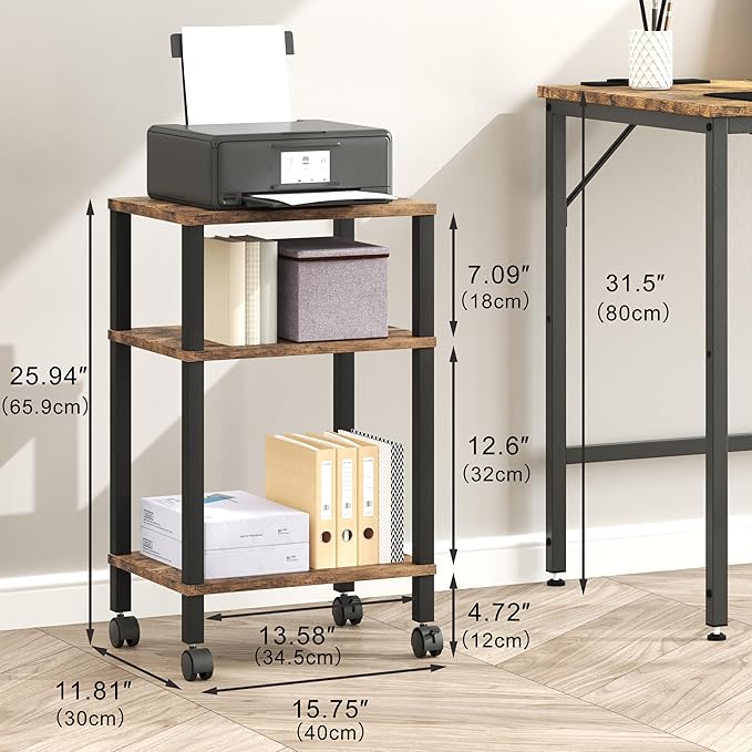 3-Tier Printer Stand with Storage, Mobile Printer Cart with Rolling Casters & Adjustable Feet, Under Desk Storage Shelf for Home Office, Rustic Brown, 15.7" x 11.8" x 25.9"