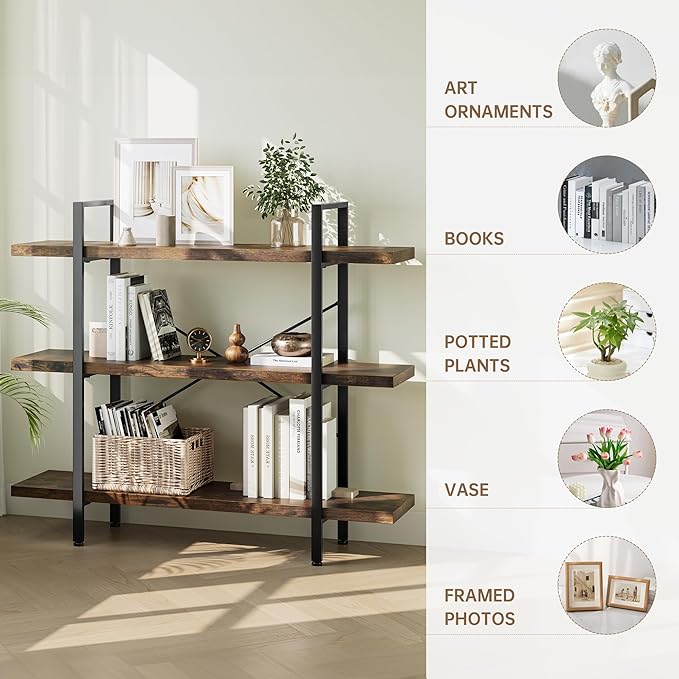 OtterOasis Heavy Duty 3-Tier Industrial Bookcase, 39" Wide Wood Bookshelf for Home Office, 120lbs Shelf Capacity, Rustic Open Shelving Display with Reinforced Horizontal Shelf for Living Room Bedroom