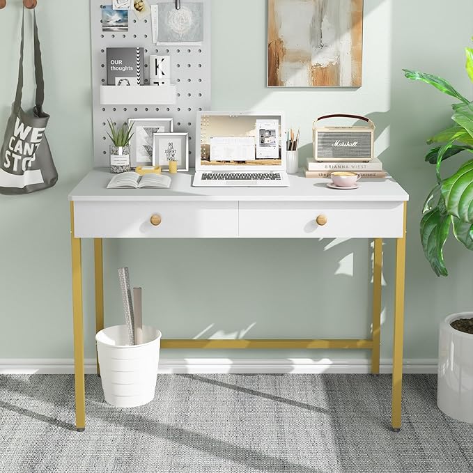 Weehom Computer Desk with Drawers, Home Office Desk for Writing, Studying, and Gaming - Sturdy and Spacious Workstation for PC and Laptop(White and Gold)