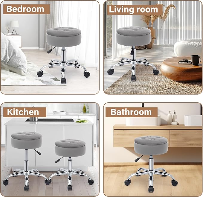 Gitrah Vanity Chair with Wheels Adjustable Vanity Stool with Storage Swivel Vanity Stool for Vanity Rolling Makeup Chair Grey