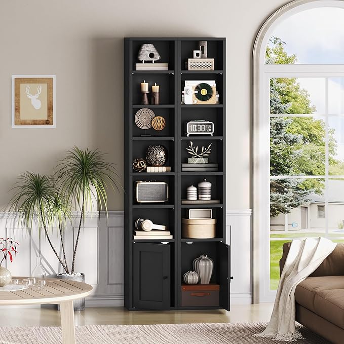 RALGEND 7-Tier Tall Narrow Bookshelf with Door Set of 4, 70.9 Inches CD DVD Slim Media Tower Rack with Storage Cabinet, Adjustable Shelves, Skinny Bookshelf Display Bookcase for Home Office, Black