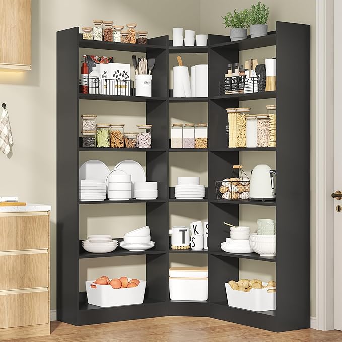 Semoic 6 Tiers Corner Bookshelf and Bookcase with Baffle, 63.1" Tall Modern L-Shaped Storage Display Book Shelf Industrial Bookshelves for Bedroom, Living Room, Kitchen, Home Office, Black