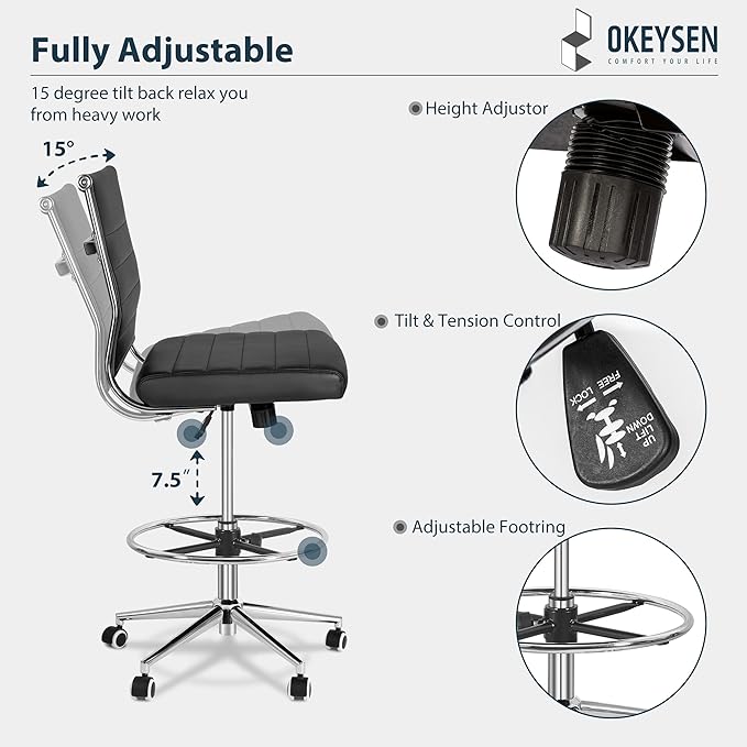 Okeysen Drafting Chair Armless Desk Stool, 400 LBS Ergonomic Leather Tall Office Chair with Adjustable Foot Ring, Modern Standing Desk Chair with Ribbed Mid Back, Swivel Rolling Drafting Stool.