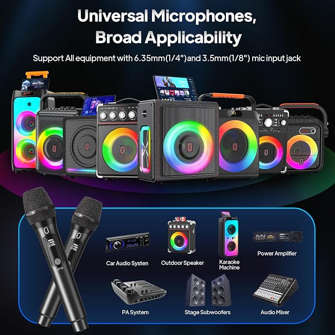 Wireless Microphones, Two Rechargeable Bluetooth 5.3 Microphones for Karaoke Singing, Rechargeable Dynamic Mic System with Receiver for Church, Party, Meeting, Speech, PA System, Plug and Play (Gray)